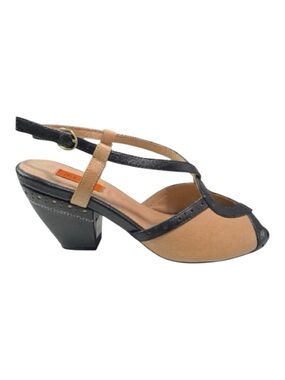 Miz Mooz Pepper Slingback Size 7 Tan/ Black Leather Peep Toe Heeled